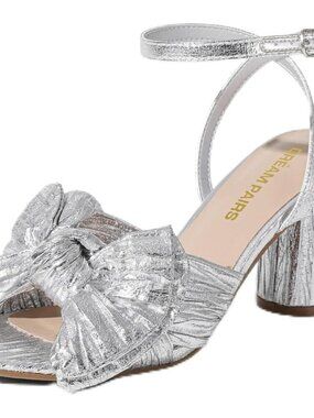 🆕Women's Silver Bow Knot Heeled Sandals, Chunky Block Heels, Open Toe Slingback